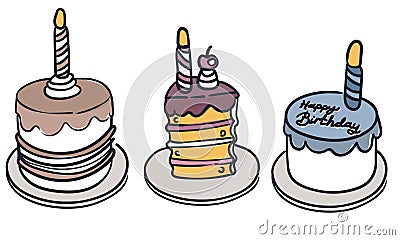 Vector color set with birthday cakes, candles and cupcakes. Cute contour elements of the cake. Funny dessert Vector Illustration