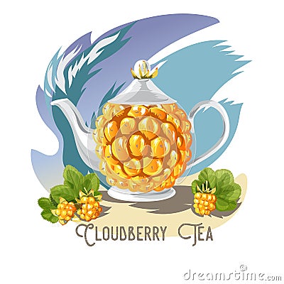 Vector color set of tea collection of Cloudberies and a teapot with the inscription. Stock Photo