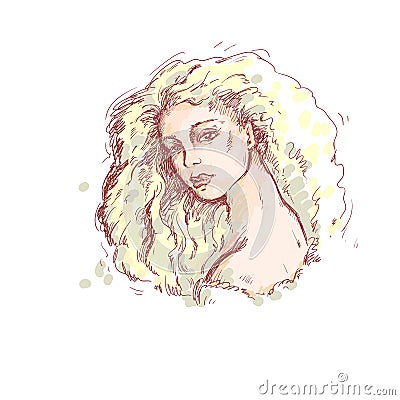 Vector color sketch illustration. Portrait of young beautiful girl with long blonde thick hair, soft eyes and sensual lips. Vector Illustration