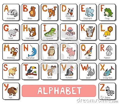 Vector color zoo alphabet. Square card with animals Vector Illustration