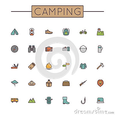 Vector Colored Camping Line Icons Vector Illustration