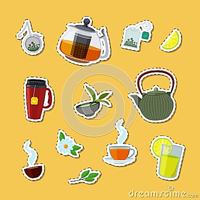 Vector cartoon tea kettles and cups stickers set illustration Vector Illustration