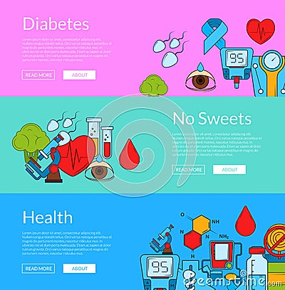 Vector colored diabetes icons web banner templates illustration Vector Illustration