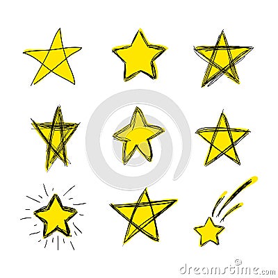 Vector Colored Hand Drawn Doodle Stars, Scribble Drawings, Bright Yellow Color, Isolated Set. Vector Illustration