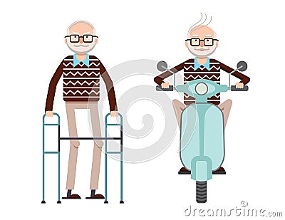 Vector colored illustration of a retired man with a cane and a retired man driving a scooter. Cartoon Illustration