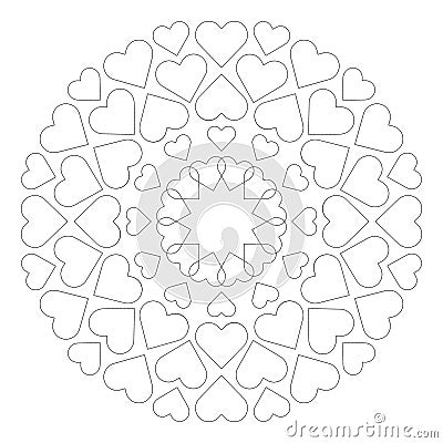 Vector colored round loving cute mandala with hearts - adult coloring book page Vector Illustration