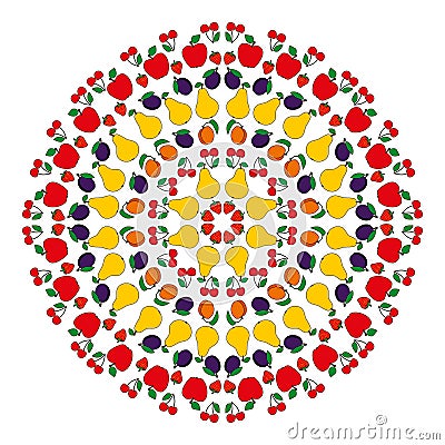 Vector colored round summer mandala with fruit - adult coloring book page -apple, pear, plum, cherry, strawberry and apri Vector Illustration