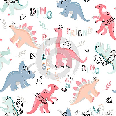 Vector colored seamless repeating pattern for children with cute princess dinosaurs, plants and comic Dino quotes in Vector Illustration