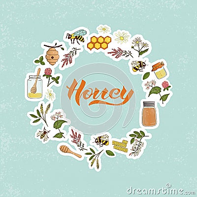 Vector colored set of honey elements framed in circle Vector Illustration