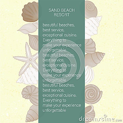 Vector colored set of seashells on yellow sand like textured background Vector Illustration