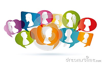Vector colored Speech bubble. Crowd talking. Group of people talking. Profile silhouette. Communication between people Stock Photo