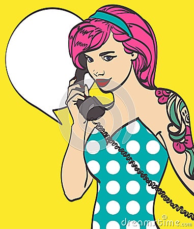 Vector colorful art of very beautiful subculture punk, hipster woman with phone, pin up, pop art illustration in vector Vector Illustration