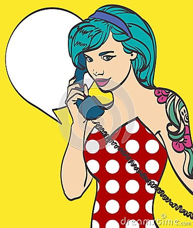 Vector colorful art of very beautiful subculture punk, hipster woman with phone, pin up, pop art illustration in vector Vector Illustration