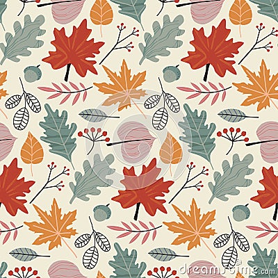 Vector colorful autumn natural seamless pattern with fall leaves and berries. Vector Illustration