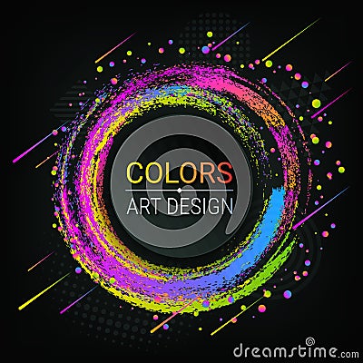 Vector colorful banner. Bright colored brush strokes. Colorful abstract circles. Grunge texture. A piece of chalk. Dark background Vector Illustration