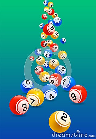 Vector colorful bingo balls falling randomly isolated on blue green background Stock Photo