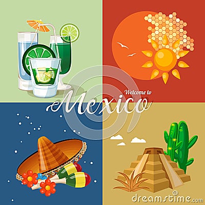 Vector colorful card about Mexico. 4 banners. Colorful style. Viva Mexico. Travel poster with mexican items. Vector Illustration