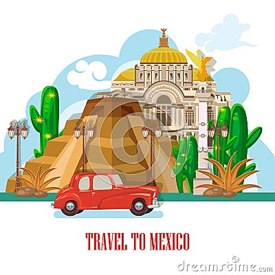 Vector colorful card about Mexico. City view. Rerto style. Viva Mexico. Travel poster with mexican items. Vector Illustration