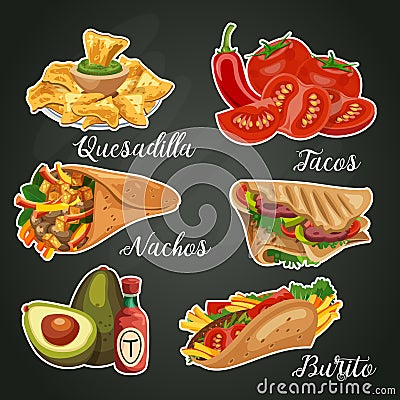 Vector colorful card about Mexico. Mexican cuisine. Fast food. Vector Illustration