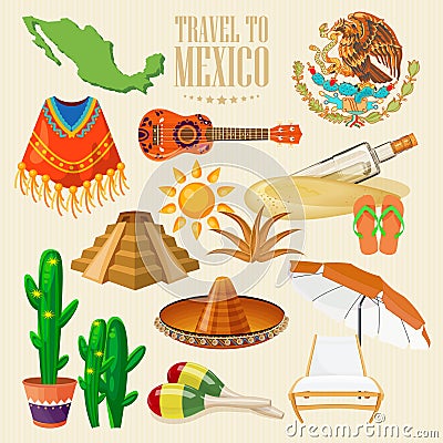 Vector colorful card about Mexico. Mexican set. Colorful style. Viva Mexico. Travel poster with mexican items. Vector Illustration