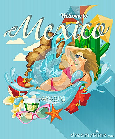 Vector colorful card about Mexico. Ocean shore. Amazing Mexico. Colorful style. Viva Mexico. Travel poster with mexican items. Vector Illustration
