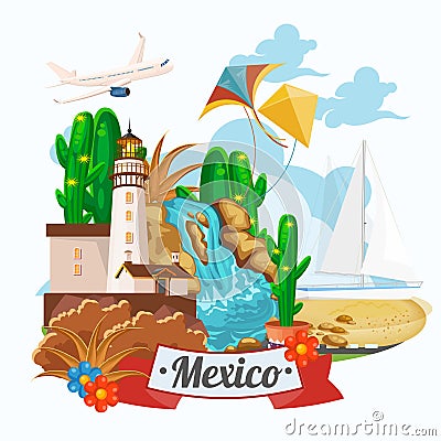 Vector colorful card about Mexico. Ocean shore. Rerto style. Viva Mexico. Travel poster with mexican items. Vector Illustration