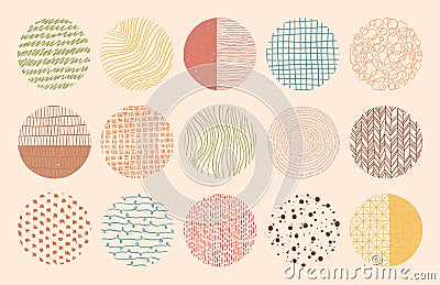 Vector colorful circle textures made with ink, pencil, brush. Geometric doodle shapes of spots, dots, strokes, stripes Vector Illustration