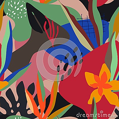 Vector colorful collage contemporary natural seamless pattern. Modern abstract shapes, hand drawn textures and plants. Vector Illustration