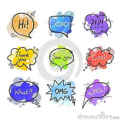 Vector Colorful Collection of Speech Bubbles Isolated on White Background, Lettering, Hand Drawn Letters, Geometric Liquid Shapes. Vector Illustration