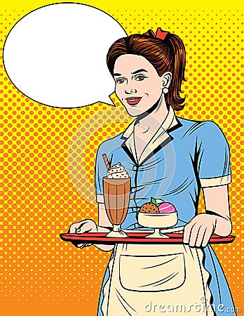 Vector colorful comic pop art style illustration of a beautiful waitress with a tray. Cartoon Illustration