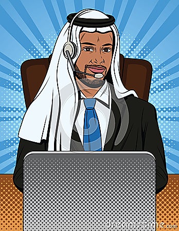 Vector colorful comic style illustration of an Arabian man in traditional clothes is working at support service. Vector Illustration