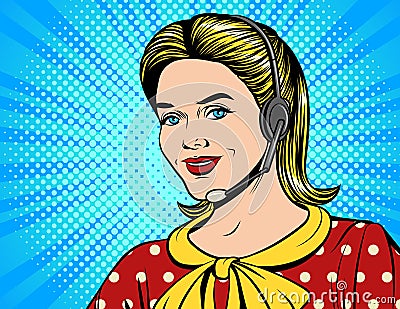 Vector colorful comic style illustration of a beautiful woman in headphones making a call. Cartoon Illustration