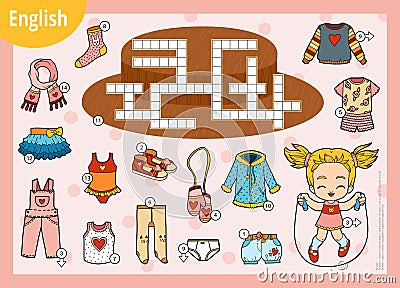 Vector colorful crossword in English, education game. Cartoon set of clothes for girl Vector Illustration