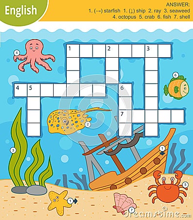 Vector colorful crossword in English about the underwater world Vector Illustration