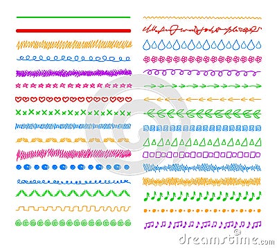 Vector Colorful Doodle Divider Lines, Borders Set Background. Vector Illustration