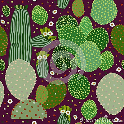 Vector colorful floral seamless pattern with various cacti on dark purple background Stock Photo