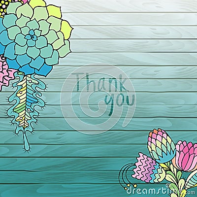 Vector Colorful flowers turquoise Wooden background Vector Illustration