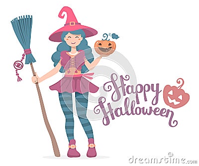 Vector colorful halloween illustration of witch character Vector Illustration