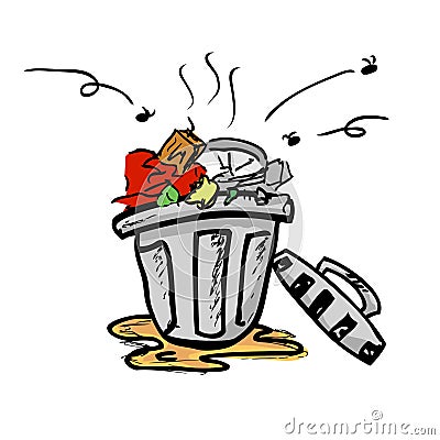 Simple Vector colorful Hand Draw Sketch of dirty stink and nasty trash bin with flies Vector Illustration
