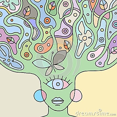 Vector colorful hand drawn illustration of psychedelic woman face with abstract tree, flowers, leaves, dots, butterfly, background Vector Illustration