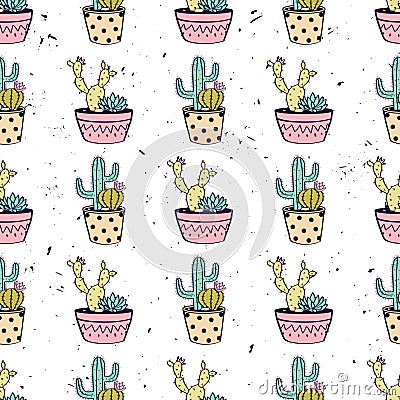 Vector colorful hand drawn seamless pattern with cactuses and succulents Vector Illustration