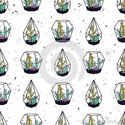 Vector colorful hand drawn seamless pattern with cactuses and succulents Vector Illustration