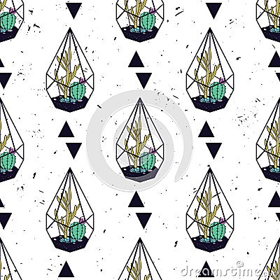 Vector colorful hand drawn seamless pattern with triangles, cactuses and succulents in terrariums Vector Illustration