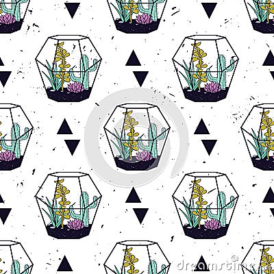 Vector colorful hand drawn seamless pattern with triangles, cactuses and succulents in terrariums Vector Illustration