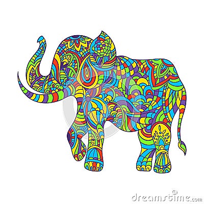 Vector colorful hand drawn zentagle illustration of an elephant. Vector Illustration