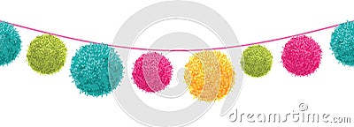 Vector Colorful Happy Birthday Party Pom Poms Set On A String Horizontal Seamless Repeat Border Pattern. Great for Vector Illustration