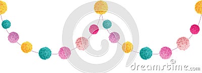 Vector Colorful Happy Birthday Party Pom Poms Set On A String Horizontal Seamless Repeat Border Pattern. Great for Vector Illustration