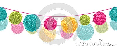 Vector Colorful Happy Birthday Party Pom Poms Set On Two Strings Horizontal Seamless Repeat Border Pattern. Great for Vector Illustration