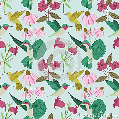 Vector colorful hummingbirds on a garden seamless pattern on light blue background Vector Illustration