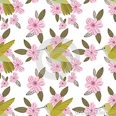 Vector colorful hummingbirds seamless pattern on white background with pink flowers Vector Illustration